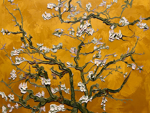 Vincent van Gogh’s *Almond Blossoms* in relief on an ochre-gold background