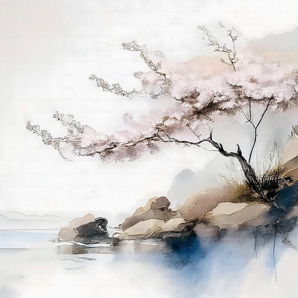 Serene Japandi painting: Japanese ZEN landscape by Studio Pieternel