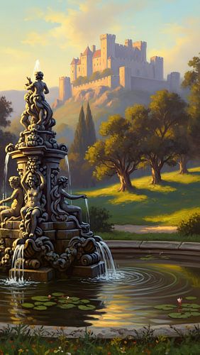 Lueur dorée de la fontaine en pierre sculptée