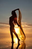 Artistiek naakt op de waddenzee bij zonsondergang