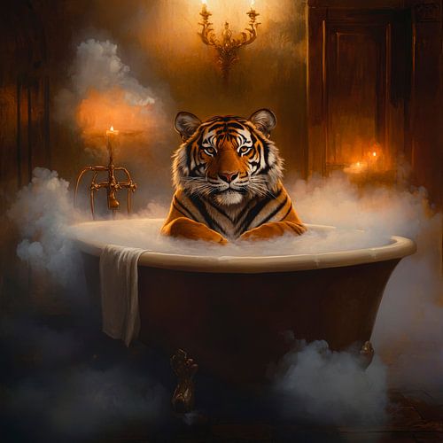 Tijger in bad met stoom