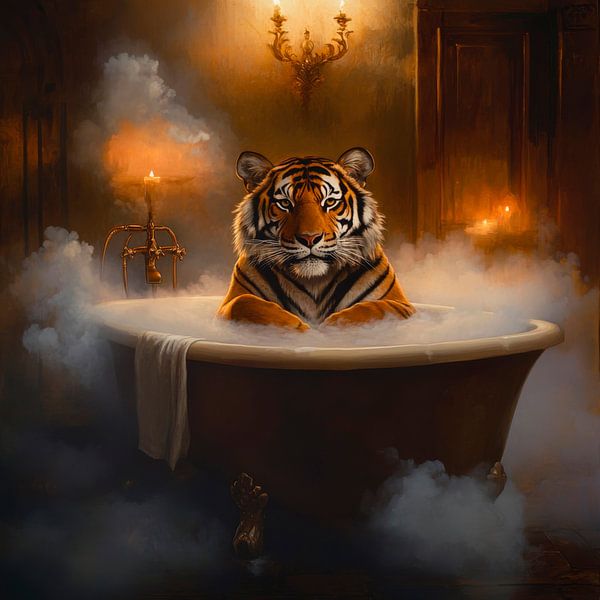 Tiger im Badewanne mit Dampf von Poster Art Shop