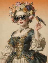 Vintage-Frau mit Blumen und Vogel