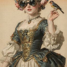 Vintage-Frau mit Blumen und Vogel von But First Framing