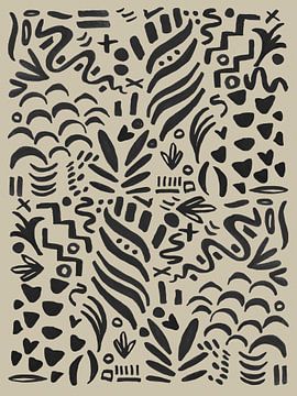 Crazy lines, abstracte scribble kunst, beige met zwart van Mijke Konijn
