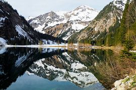 Der Vilsalpsee im Tannheimer Tal mit spiegelndem Wasser und alpiner Bergkulisse.