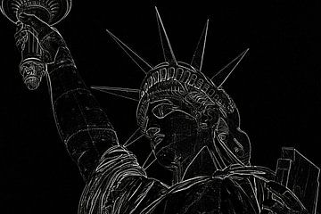Zwart-wit tekening van het Vrijheidsbeeld, krijtbordstijl van Maria Kray