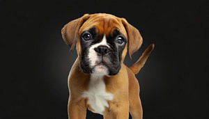 Porträt eines deutschen Boxer Welpen isoliert auf schwarzem Hintergrund, ausgeschnitten