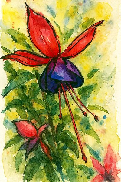 Paars rode fuchsia bloem (AI) (zomers, tuin, plant, felle gewaagde kleuren, aquarel schilderij) van Natalie Bruns