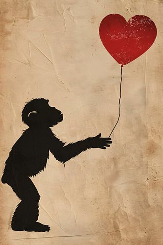Silhouet van een aap met hartvormige ballon
