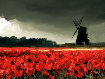 Tempête au-dessus du champ de tulipes | Paysage hollandais avec moulin