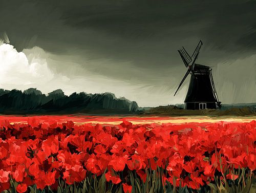 Storm above the tulip field | Dutch landscape with windmill
