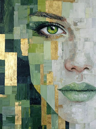 Groen Goud Vrouwelijk Gezicht – Abstract Modern Portret