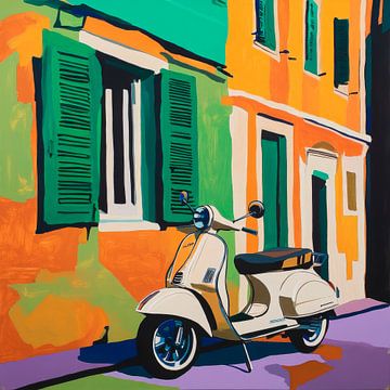 Vespa vor bunter Wand von Poster Art Shop