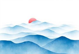 Ätherische blaue Berge und rote Sonne - Serene Aquarell Landschaft Kunstdruck für friedliche Dekoration