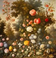 Een tuin vol met bloemen in de stijl van Ambrosius Bosschaert