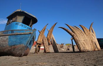 Chiclayo beach with reed fishing boats