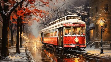Old red tram in the city in winter by Animaflora PicsStock