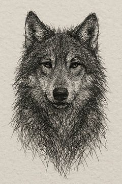 Wire portrait of a wolf (wild animal minimalist black and white tough mancave) by Natalie Bruns