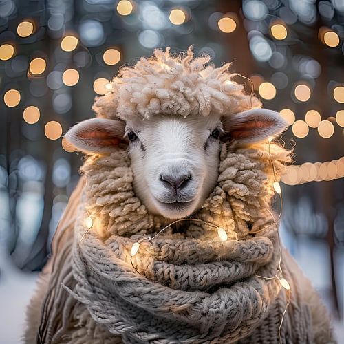 Portrait of sheep with warm woollen scarf and lights by Vlindertuin-Art
