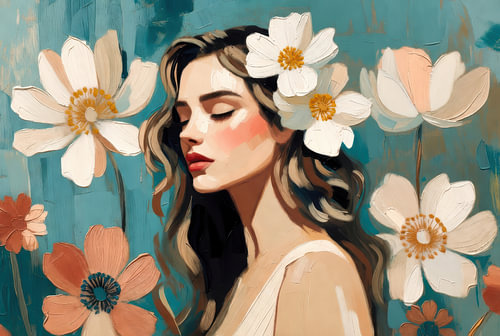 Dromerige vrouw tussen witte bloemen