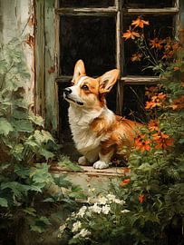 Corgi in de tuin bij het raam met bloemen van Erika Kaisersot