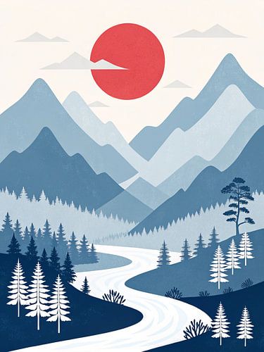 Minimalistisch Japans landschap met majestueuze bergen, kronkelende rivier en levendige rode zon