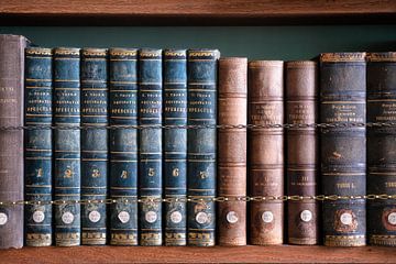 Boekenplank met Oude Boeken. van Roman Robroek - Foto's van Verlaten Gebouwen