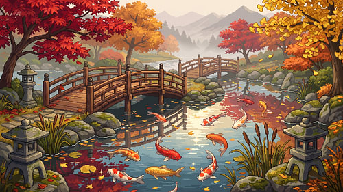 Pixel art : Des ponts d'automne au-dessus d'un étang paisible peuplé de carpes koï