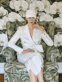 White Silk Elegance - Haute Couture Mode Portret in Vintage Barok Interieur