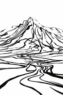 Abstracte berglijnen en kronkelende rivier van De Muurdecoratie