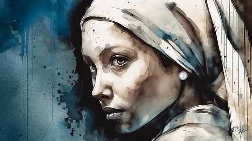 Modern meisje met de parel V  Johannes Vermeer aquarel