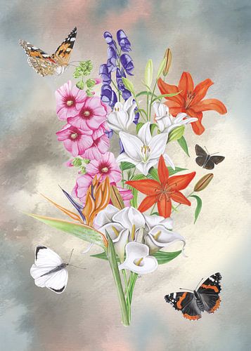 Blumenstrauß aus Lilien mit Schmetterlingen von Jasper de Ruiter