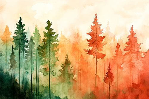 Autumnal forest landscape in watercolour