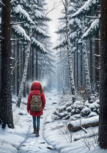Person Walking Snowy Path with Wolf in Winter Forest
