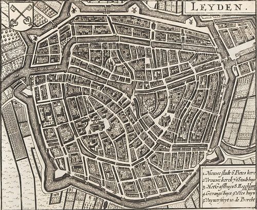 Een oude kaart van Leiden. Historische kaart van Leiden, Oud Leiden van Nederlands Erfgoed