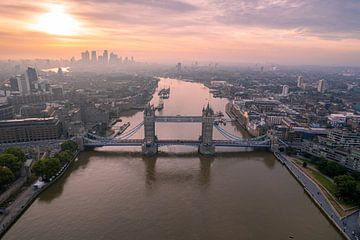 London Tower bridge and skyline of London from the air, thames river by John Ozguc