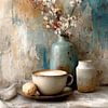Rustikales Stillleben mit pastellfarbenen Blumen und Kaffee von Joriali Fine Art