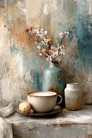 Rustikales Stillleben mit pastellfarbenen Blumen und Kaffee von Joriali Fine Art