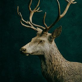 Hirsch im Profil Zeitlose Ruhe auf Dunkelgrün von Eva Lee