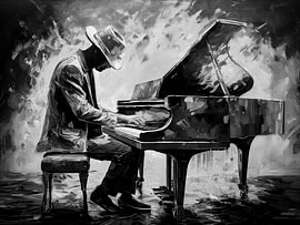 Jazzpianist am Flügel in Schwarz-Weiß von STUDIO ARTSY