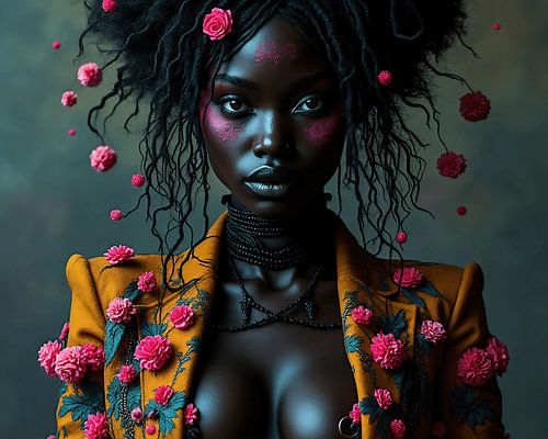 Portrait dark woman with flowers