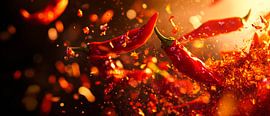Scharfe Chilischoten in flüchtiger Bewegung von Poster Art Shop