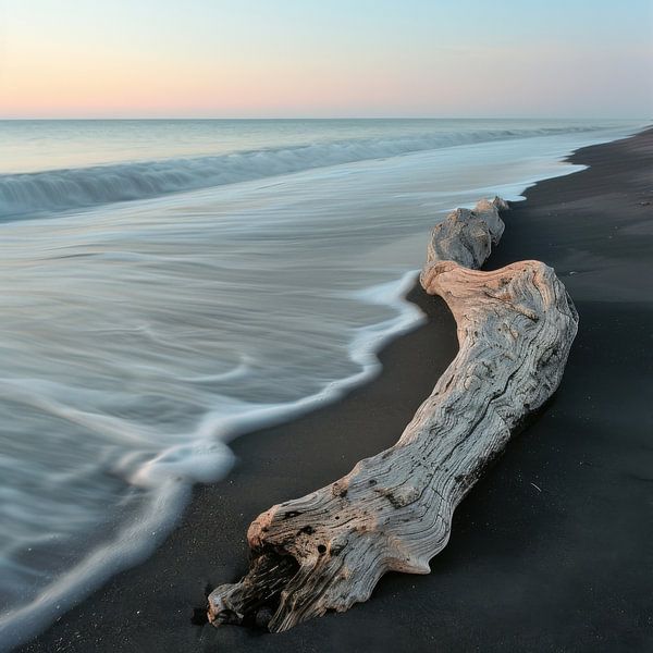 Minimalistische strandfotografie - rust aan zee met drijfhout van Poster Art Shop