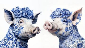 Deux cochons distingués en bleu de Delft sur Lauri Creates