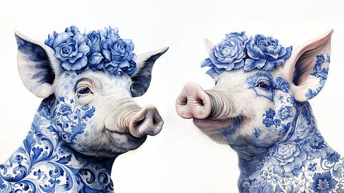 Twee deftige varkens in Delfts Blauw