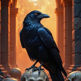 MORTAVIS – Un corbeau est posé sur un crâne humain sur INFERAURUM