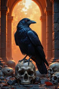 Fantasy Wall Art: MORTAVIS – A raven sits on a human skull