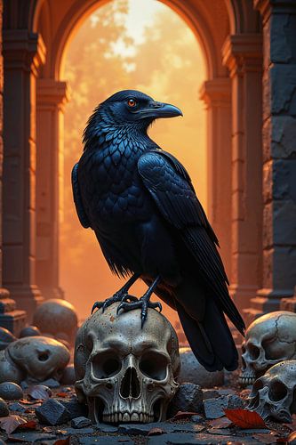 MORTAVIS – Een raaf zit op een menselijke schedel