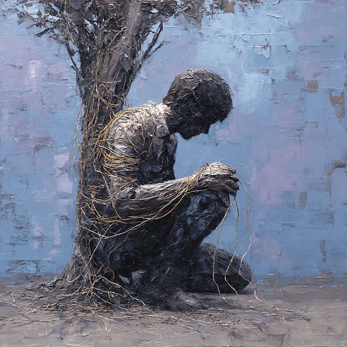 Portrait abstrait surréaliste et émouvant : fusion entre l'humain et l'arbre, expression du chaos intérieur